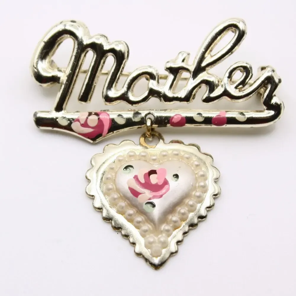 Vintage Mother Script Pin w Dangling Heart Charm Hand Painted Flowers - Hey Viv